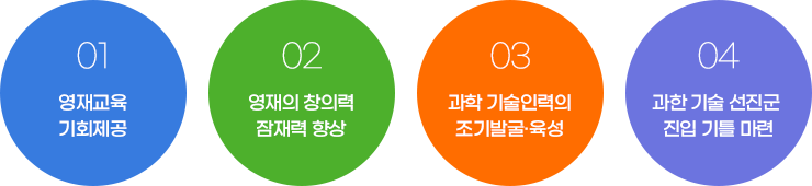 1. 영재교육 기회제공 / 2. 영재의 창의력 잠재력 향상 / 3. 과학 기술인력의 조기발굴·육성 / 4. 과학기술 선진군 진입 기틀 마련